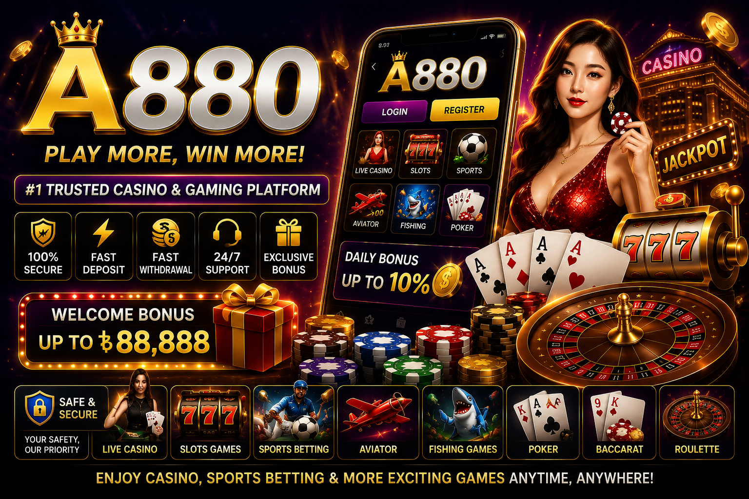 Elegant casino dealer standing by a glowing roulette table with a welcoming smile representing the premium live gaming environment at a880 Casino in Bangladesh